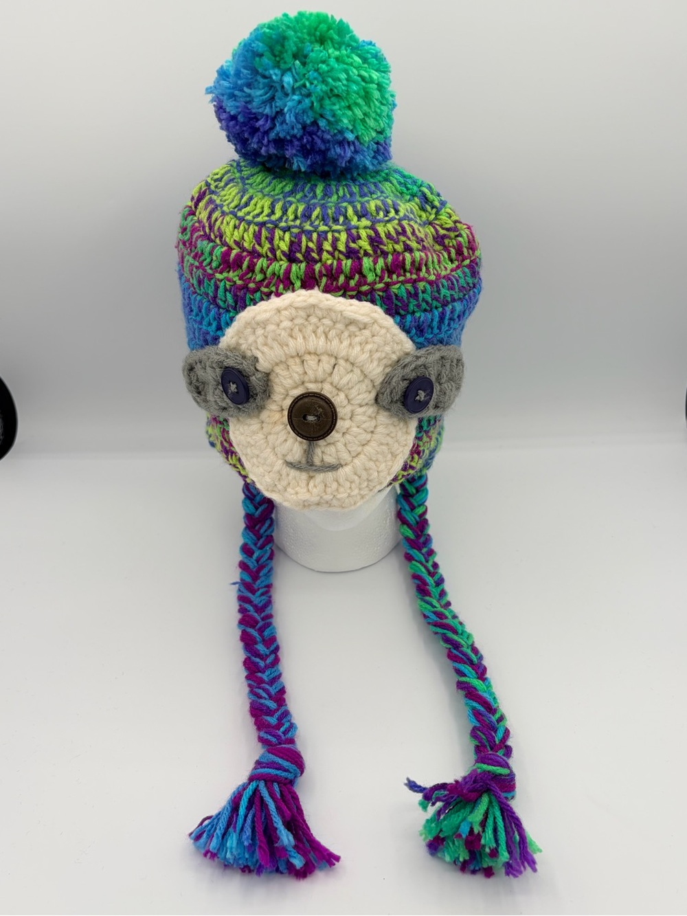 Handmade pastel sloth, knit, ear flap hat